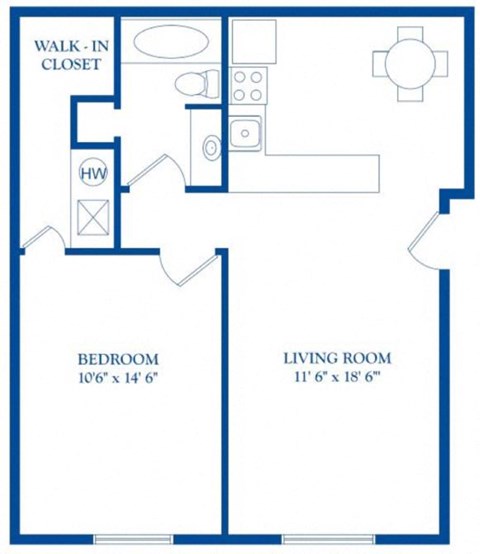 Floor plan for 1 bed, 1 bath, 650 sqft